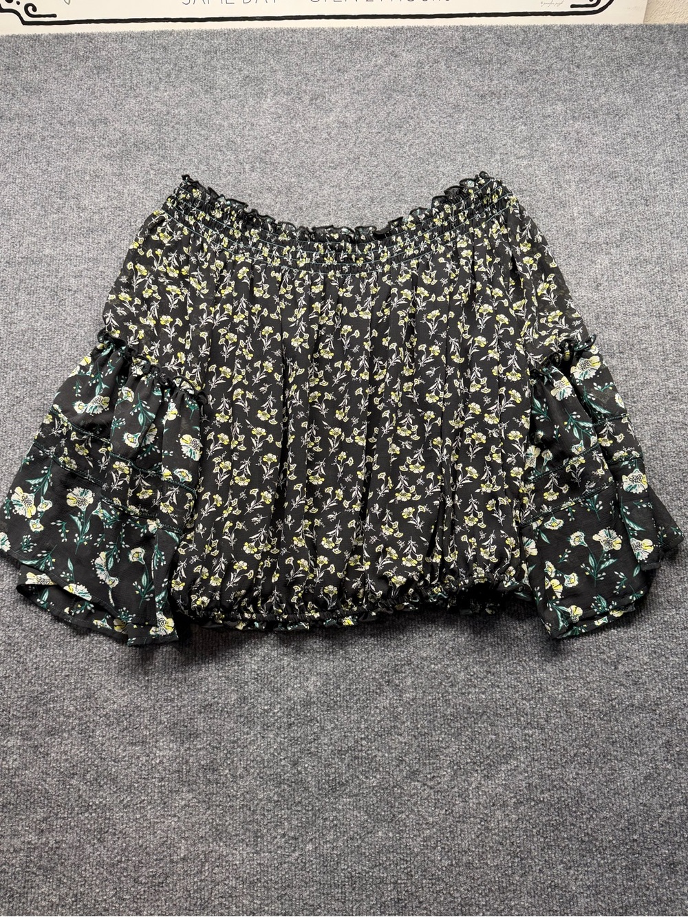 Free People Black Floral Smocked Mini Skirt with Teal Accents
